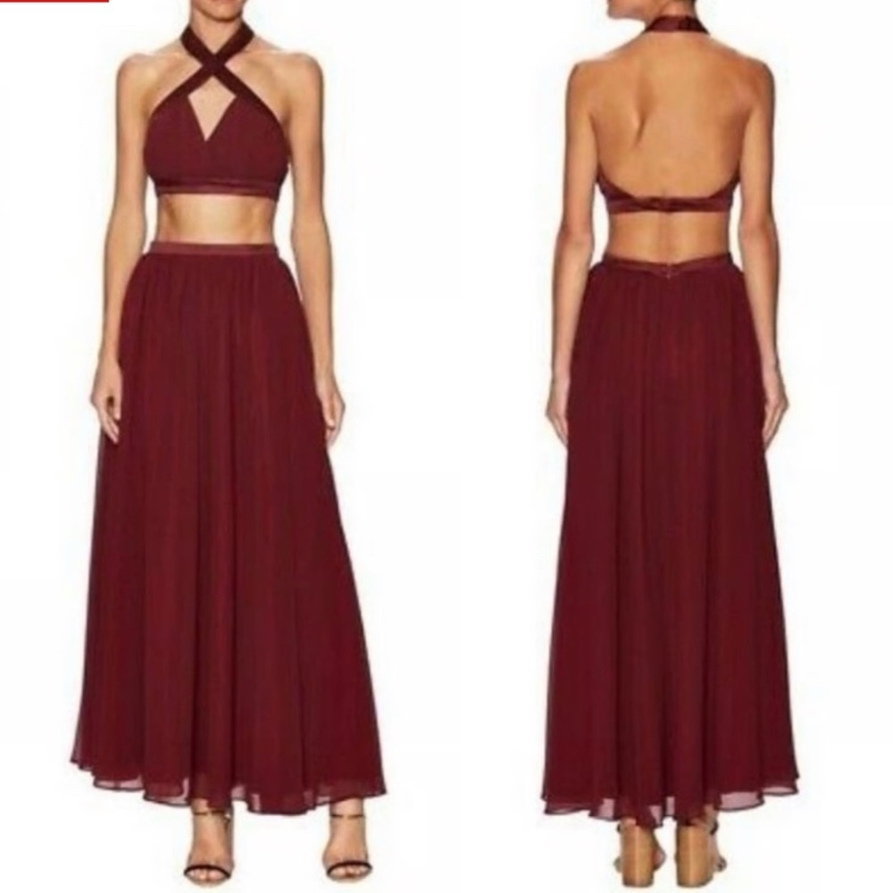 Fame and Partners Burgundy Two-Piece Halter Maxi Dress